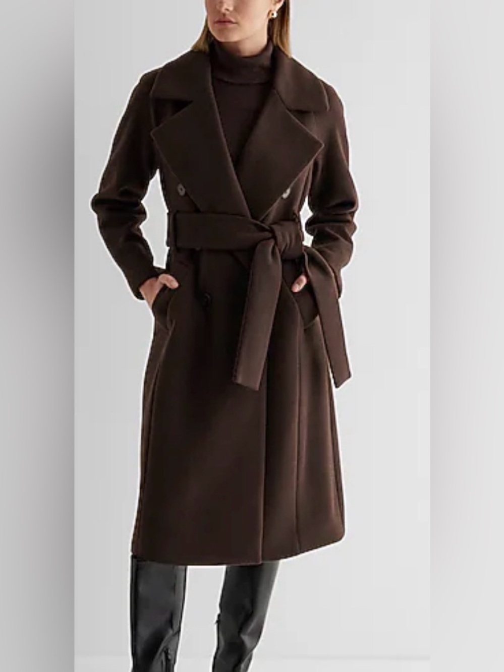 Express Faux Wool Double Breasted Signature Wrap Coat - Espresso Brown